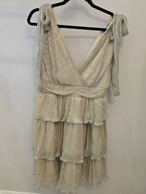 Almost Famous Shimmery Beige One-Shoulder Tiered Dress